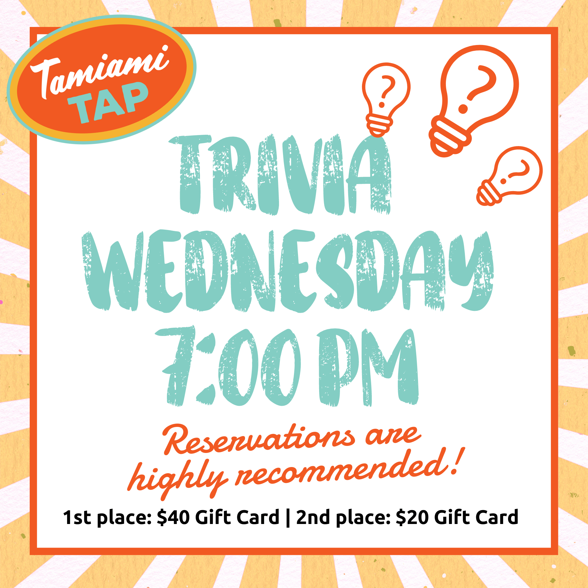 Live Trivia at Tamiami Tap every Wednesday night in downtown Sarasota, FL.